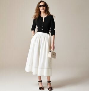 J.Crew Christina Midi Skirt 10 White Contrast Stitch Cotton Poplin Elastic Waist